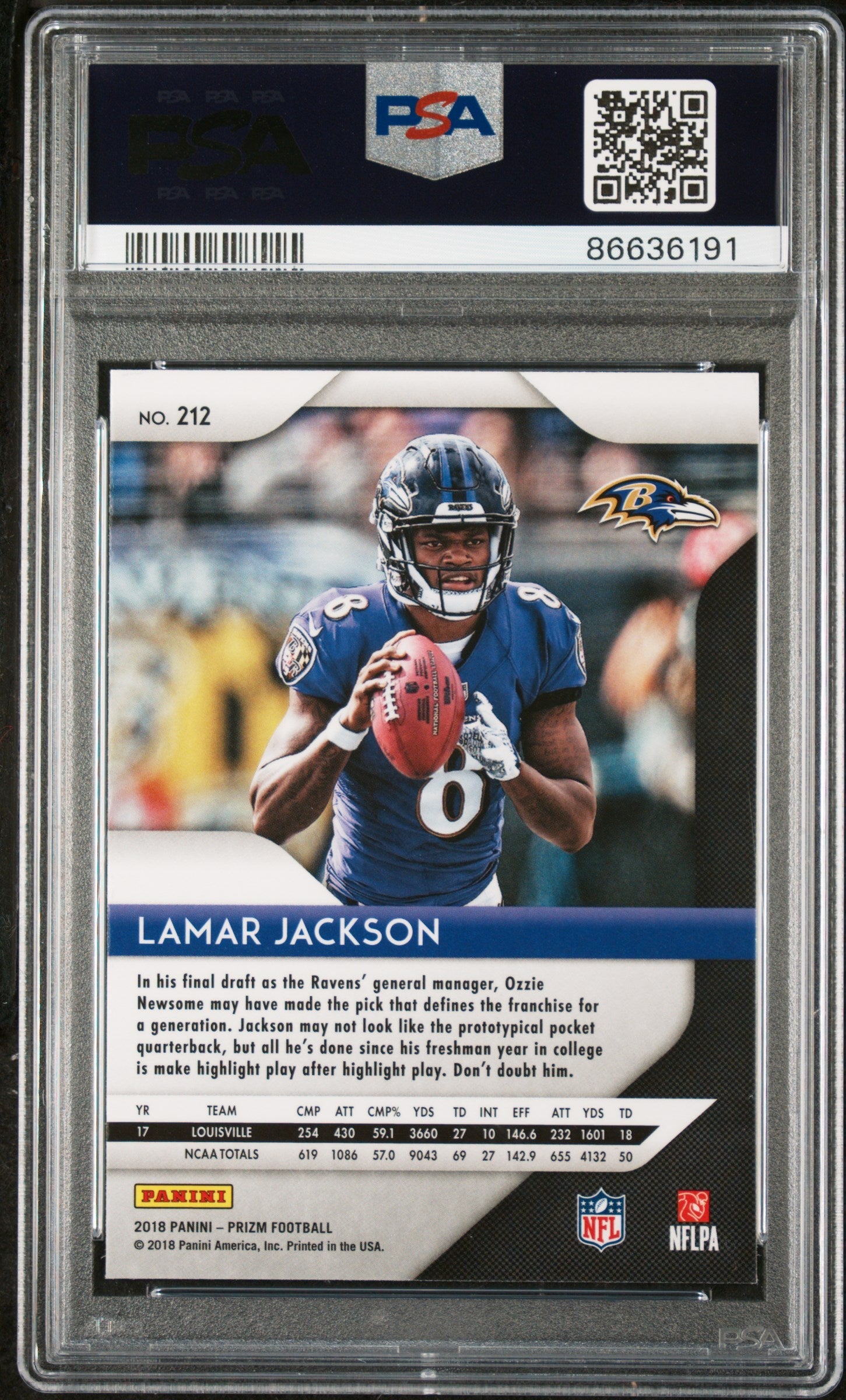 2018 PANINI PRIZM LAMAR JACKSON #212 - PSA 9 ROOKIE CARD 2